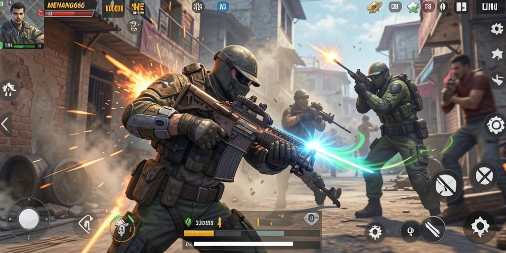 Tampilan seru gameplay <strong>MENANG666</strong> saat melakukan aksi tembak-menembak.