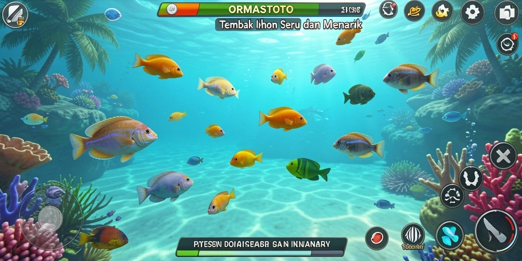 Screenshot permainan ORMASTOTO menunjukkan aksi menembak ikan yang seru.