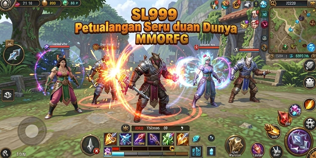 Screenshot utama SL999 menampilkan pertarungan epik MMORPG.