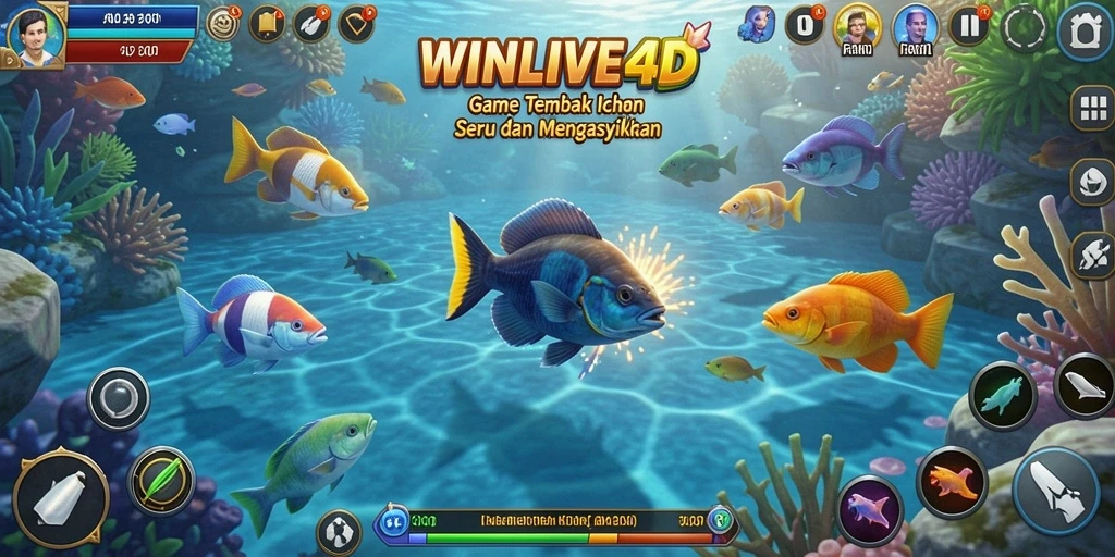 Screenshot gameplay WINLIVE4D menunjukkan aksi menembak ikan yang mendebarkan.